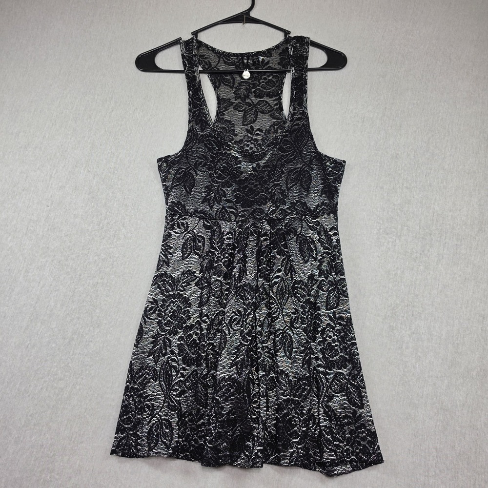 BKE Boutique Black Lace Silver Tank Top Size S Floral Racerback Semi-Sheer Tunic